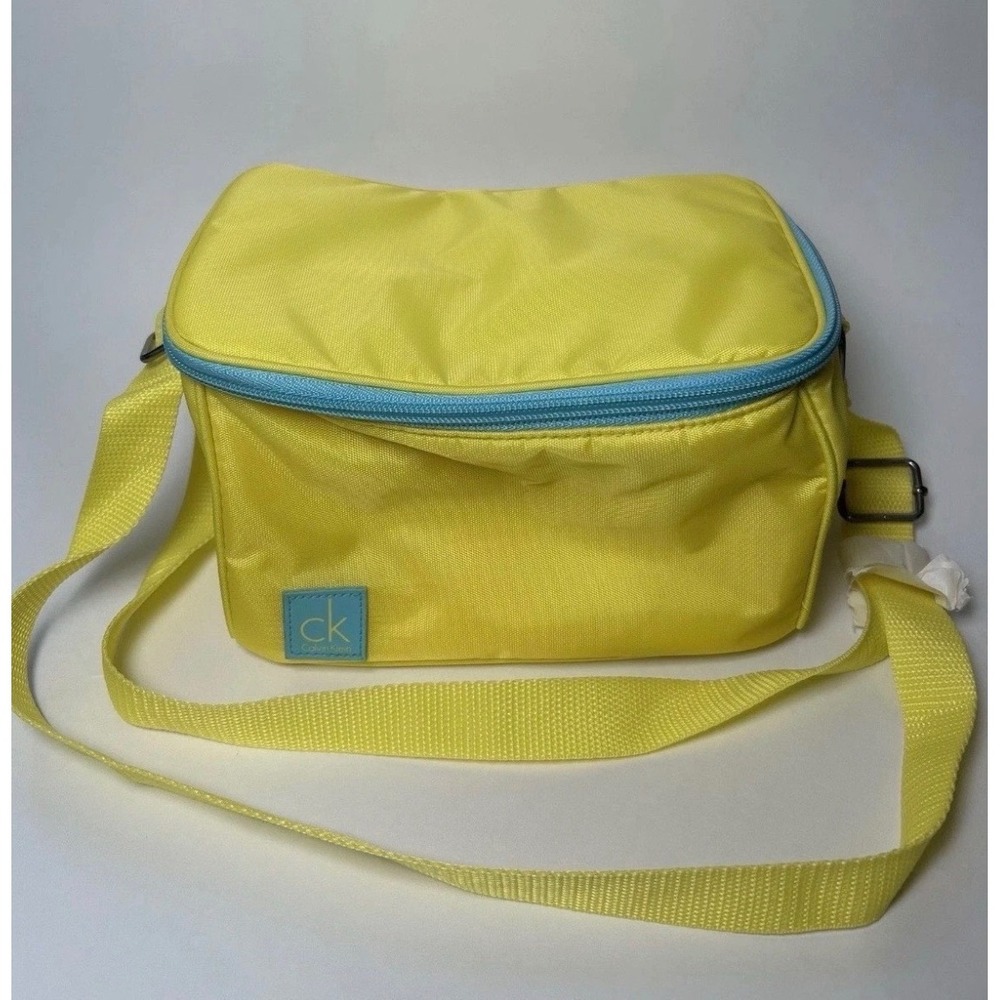 Calvin Klein Yellow Nylon Crossbody Cosmetic Bag Travel Toiletry Case Blue Trim